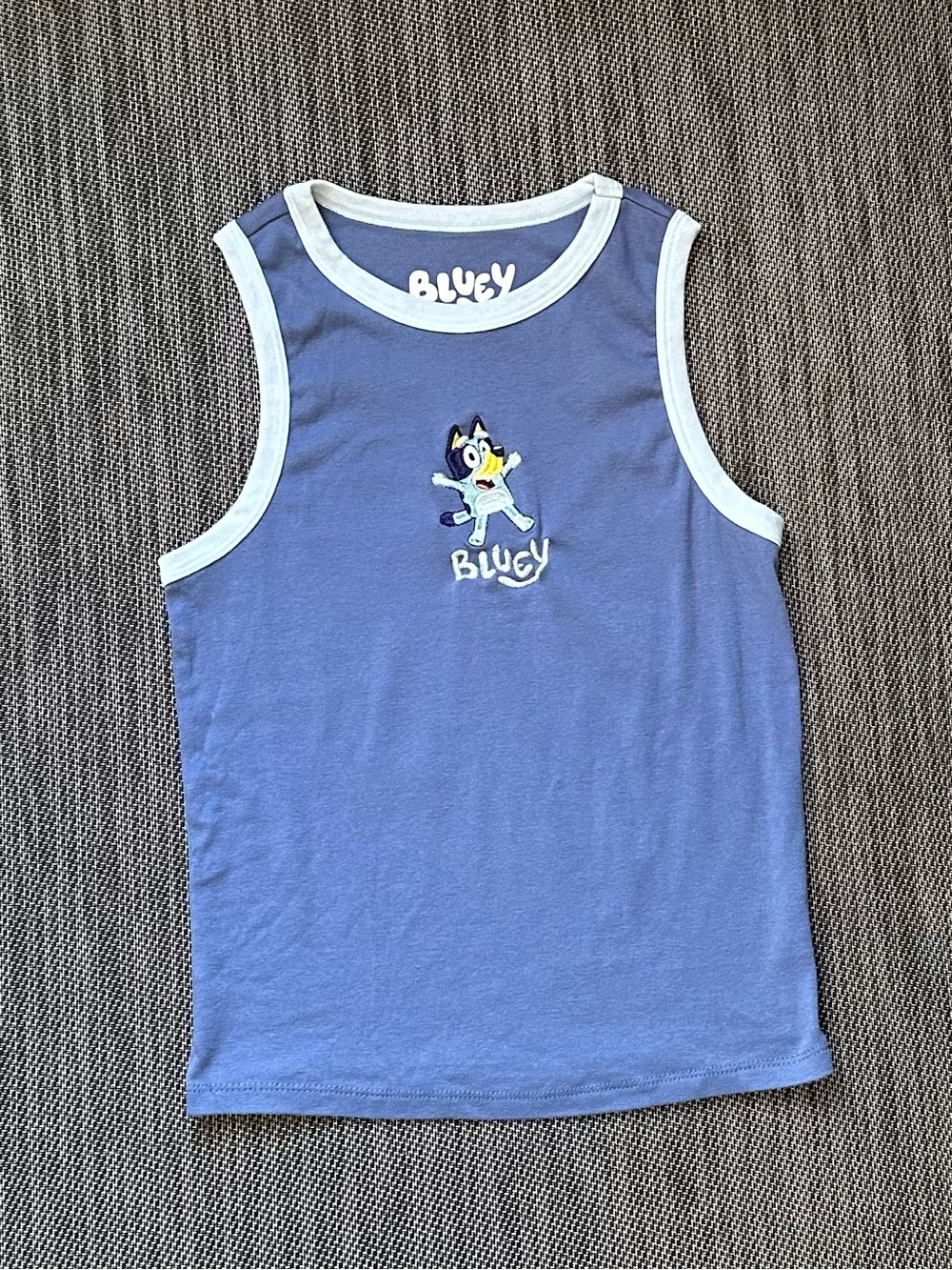 Hybrid Apparel Blue Tank Top with White Trim and Bluey Graphic